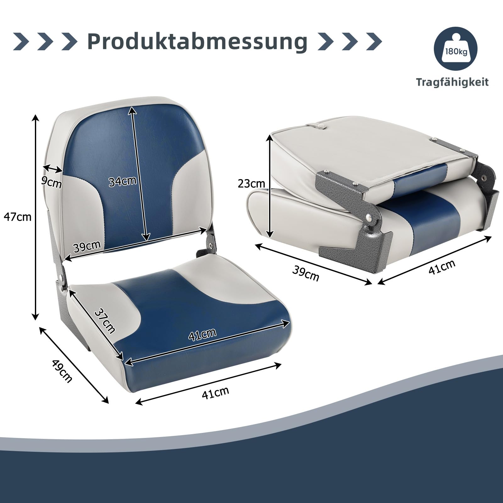 GYMAX Juego de 2 Sillas Plegables y Acolchadas, 41 x 49 x 47 cm, Asiento Plegable para Barcos (Azul + Gris)