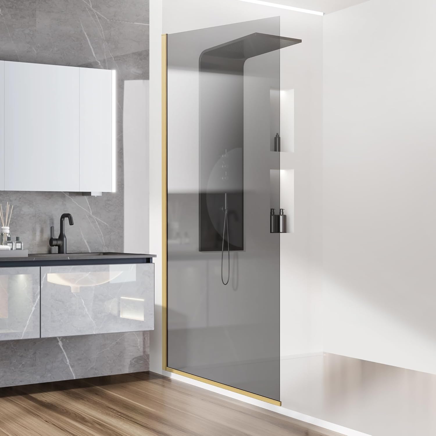 Semi-Framed Fixed Brushed Gold Bathroom Shower Glass Door, 34"*74" Single Shower Glass Screen ...