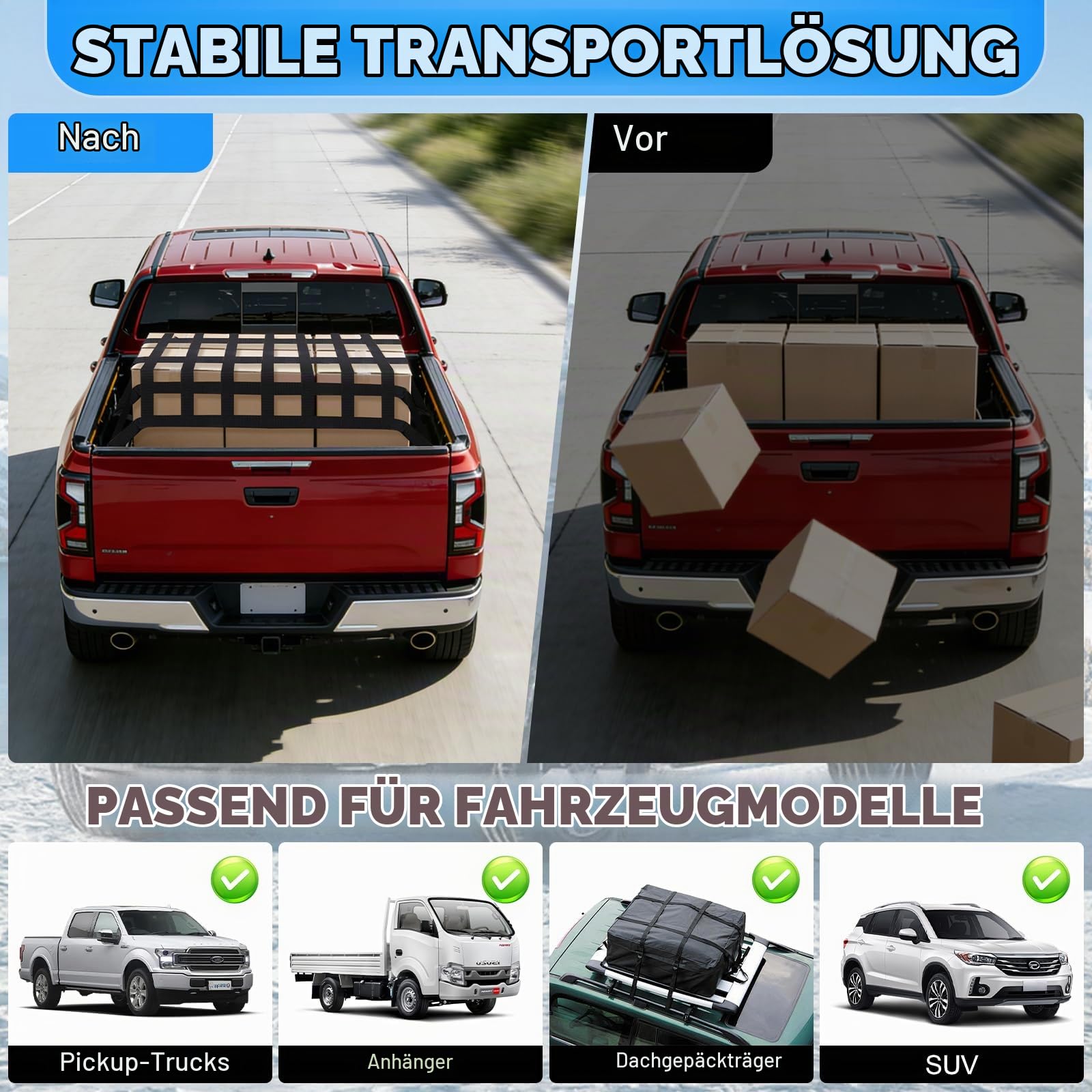 Gepäcknetz für Pickup & LKW, 208x127cm Verstellbar Anhängernetz, Ladungssicherungsnetz, Reißfest Heckklappe Frachtnetz, mit 4 Festgurten und 2 Gummiband, Nylonmaterial Netzdesign, für Kofferraum, SUVs