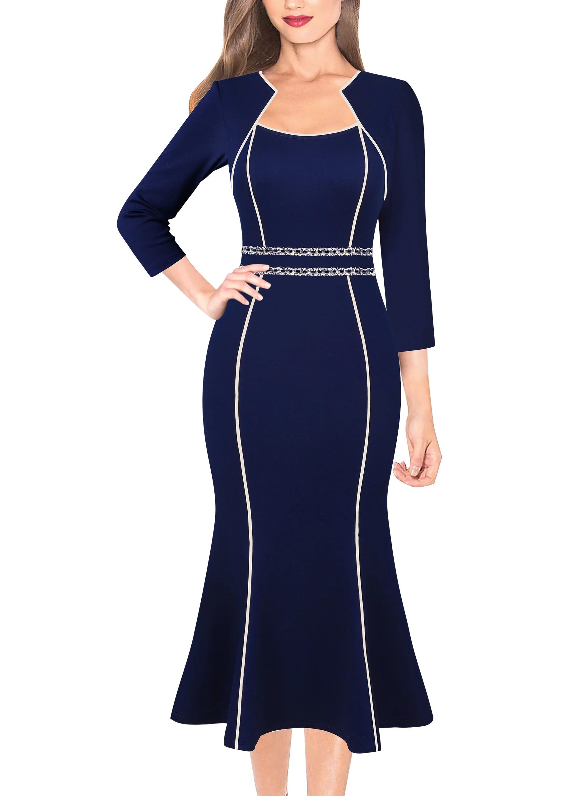 VFSHOW Womens Elegant Vintage Square Neck Work Business Office Party Mid-Calf Mermaid Dress