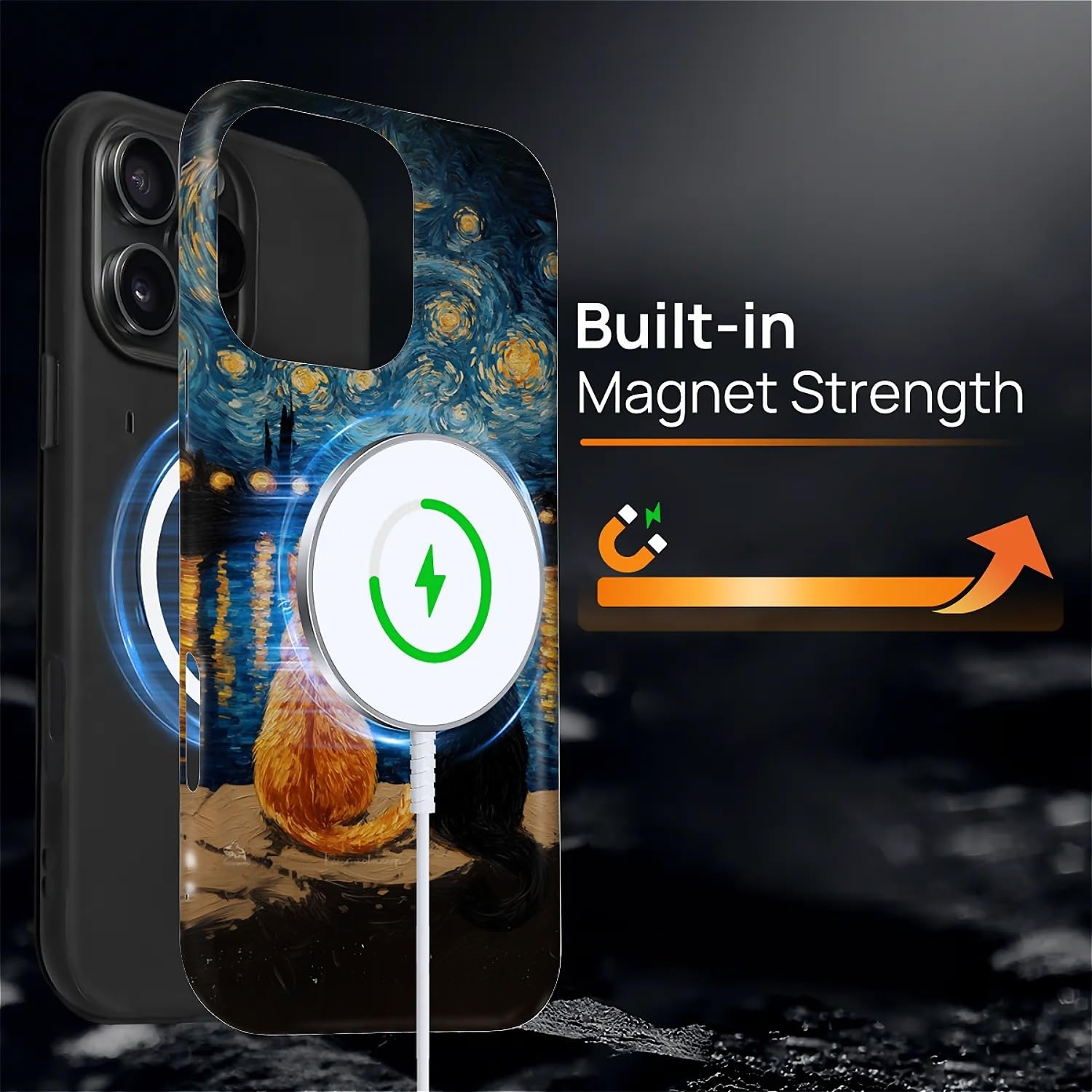 CARLOCA Custodia protettiva lucida per iPhone 16 Pro, compatibile con Magsafe, custodia protettiva lucida per ragazza e ragazzo, antiurto, carica magnetica, motivo pittura a olio, arancione e nero