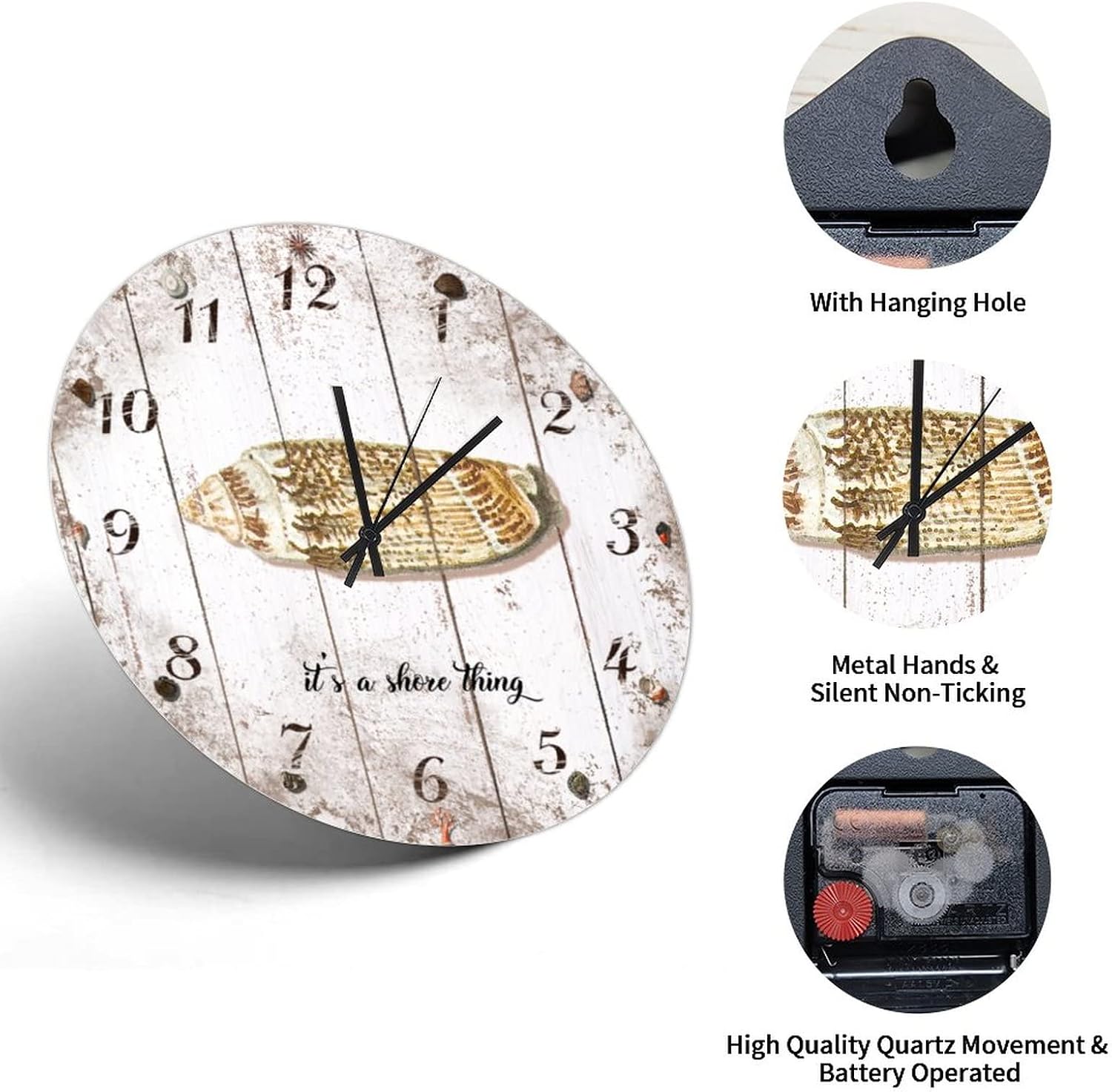 12in Hanging Clock Retro Ocean Conch Wood Wall Clock Arabic Numerals Shabby Chic Silent Sweep Movement Battery Operated Novelty Home Accessories for Shelf Study Room Hotel Back Patio image 3