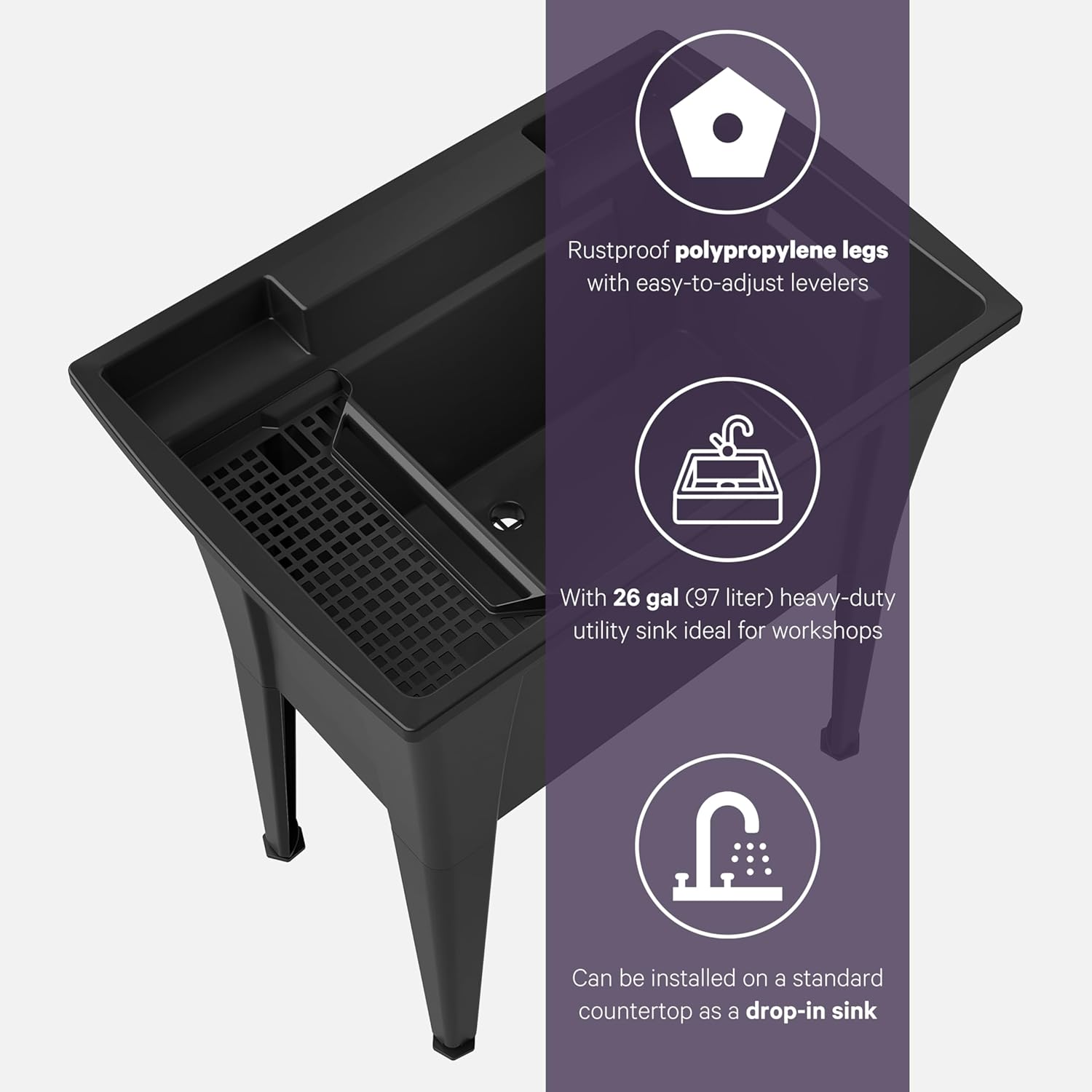 32” Utility Sinks for Laundry Room, Garage, Garden, Basement – Noah William Home Indoor and Outdoor Polypropylene Basement Wash Tub - No Faucet Included (Black)