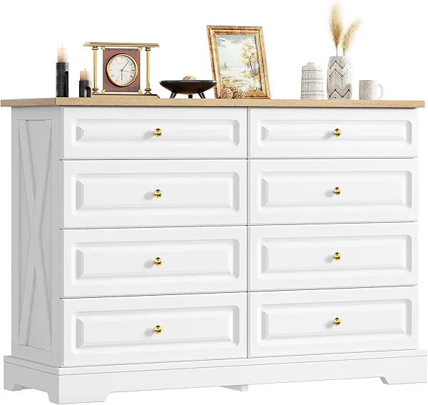 YITAHOME 8 Drawer Dresser for Bedroom, 47" Wide Farmhouse Wood Chest of Drawers with Metal Knobs, Anti-Tip Legs, Storage Dresser for Living Room, Entryway, Hallway, White