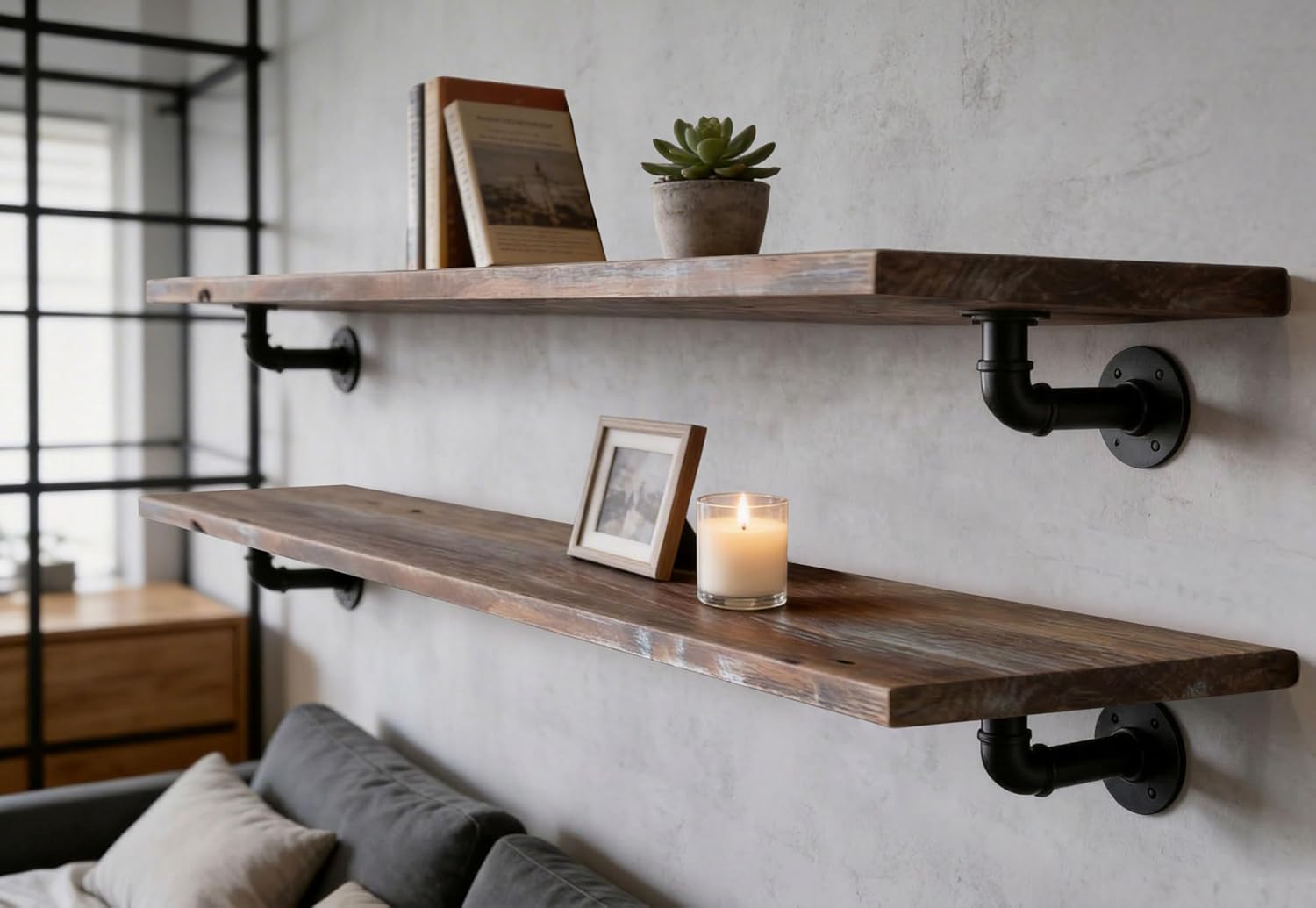 IEO Industrial Pipe Shelving Shelf,Wall Shelves Wood Shelf:Kitchen Shelves, 72 Inches Wood Long Floating Shelves for Wall Farmhouse Pipe Book Shelves Dark Brown for Decor and Bar Shelving