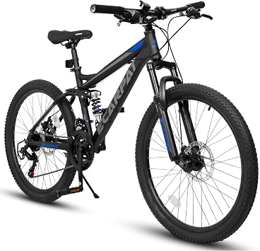 Mountain Bike 24 26 Inch, Dual Full Suspension Mens Womens Bike, 21 Speeds Dual Disc Brake Carbon Steel Bike, Boys Mens Mountain Bike for School Work Summer Camping