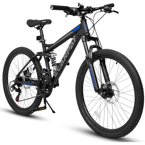 Ecarpat Mountain Bike 24 26 27.5 Inch, Dual Full Suspension Mens Womens Bike, 21 Speeds Dual Disc Brake Carbon Steel Bike, Boys Mens Mountain Bike for School Work Summer Camping, Fathers Day Dad Gifts