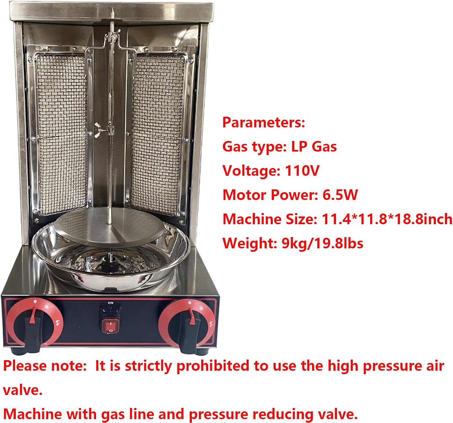 Shawarma Grill Machine with 2 Burners LP Gas Kebab Gyro Grill Machine Vertical Rotating Broiler for Commercial and Home Use