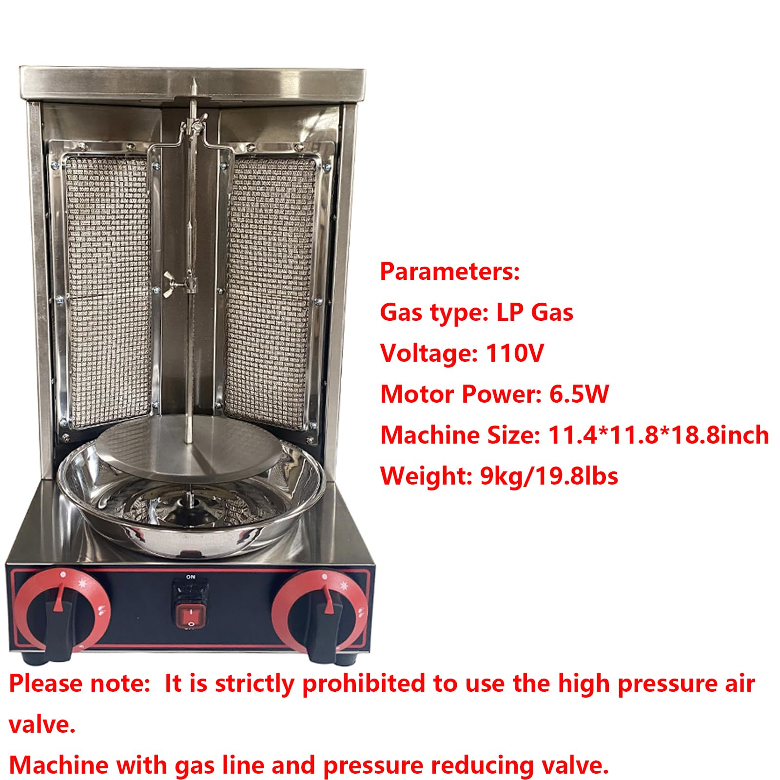 WYDDDARY Shawarma Grill Machine with 2 Burners LP Gas Kebab Gyro Grill Machine Vertical Rotating Broiler for Commercial and Home Use
