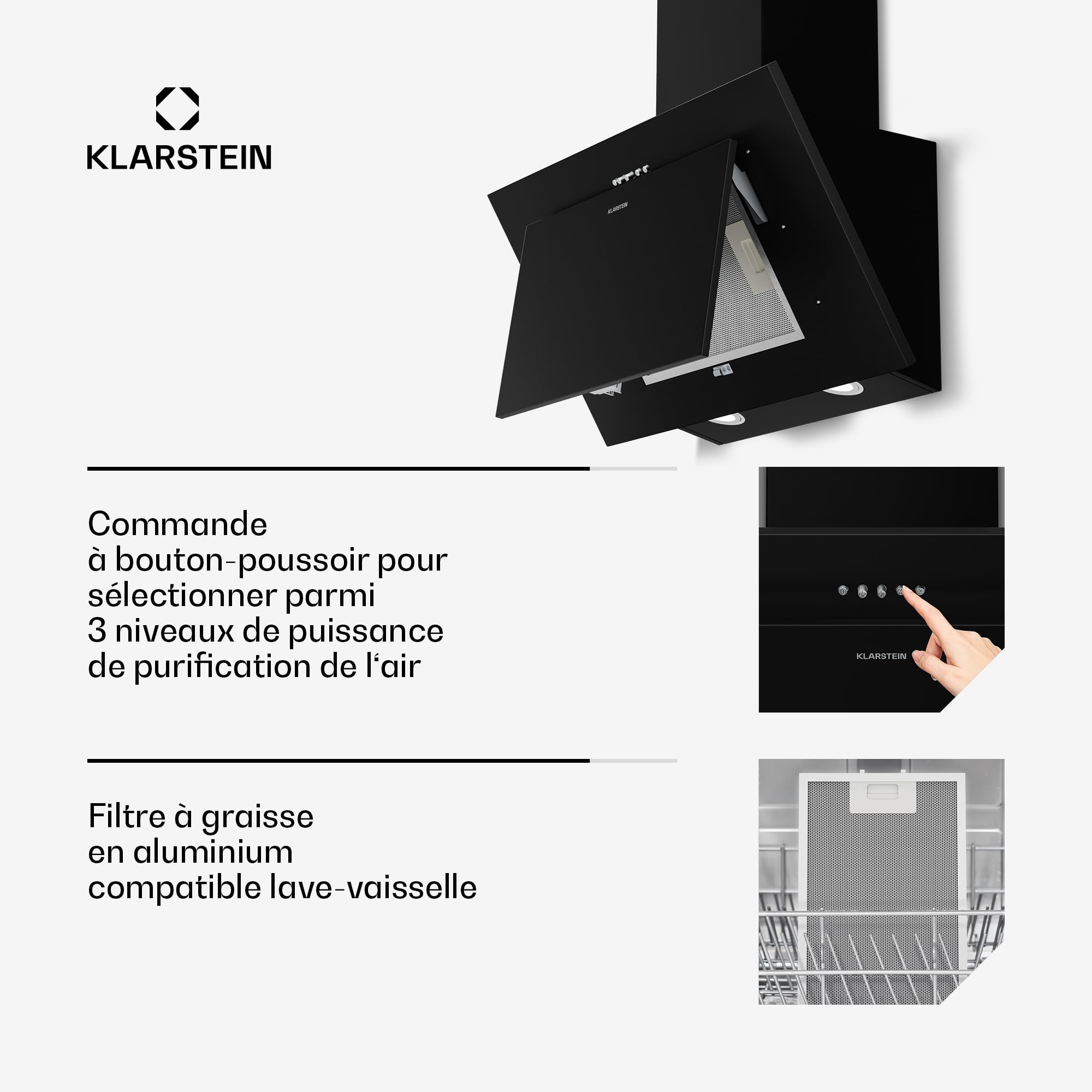 Klarstein Athena Hotte Aspirante 60 cm - Hotte Décorative Inclinée, 254 m³/h, LED, A+++, 3 Vitesses, Filtre Charbon, Silencieuse, Recyclage & Évacuation, Hotte Cuisine Moderne