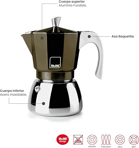 Miniatura 5 de IBILI - Máquina de café Elba Café, 3 tazas, 5.1 fl oz, aluminio fundido, base de acero inoxidable, con reductor para 2 tazas, apto para inducción