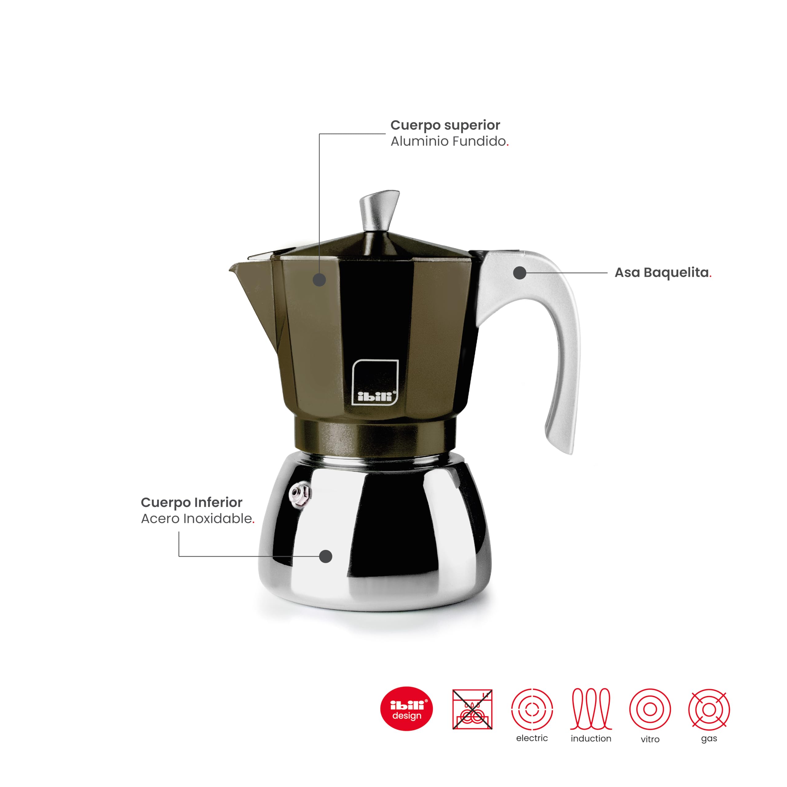 IBILI - Ekspres do kawy Elba Coffee, 6 filiżanek, 300 ml, odlew aluminiowy, podstawa ze stali nierdzewnej, nadaje się do indukcji