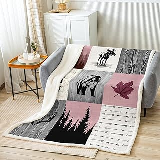 Manfei Adventure Throw Blanket Bear Deer Pink Lattice Patchwork Blanket for Couch Sofa, Wild Animal Cabin Bed Blanket for Kids Boys Girls, Soft and Breathable Fleece Blanket(40 x 50 Inches)