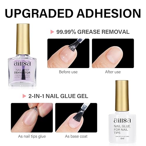 Miniatura 4 de AILLSA Kit de puntas de uñas y gel de pegamento, puntas de uñas cortas de ataúd, 240 piezas con capa base de pegamento de uñas 2 en 1 y deshyrator