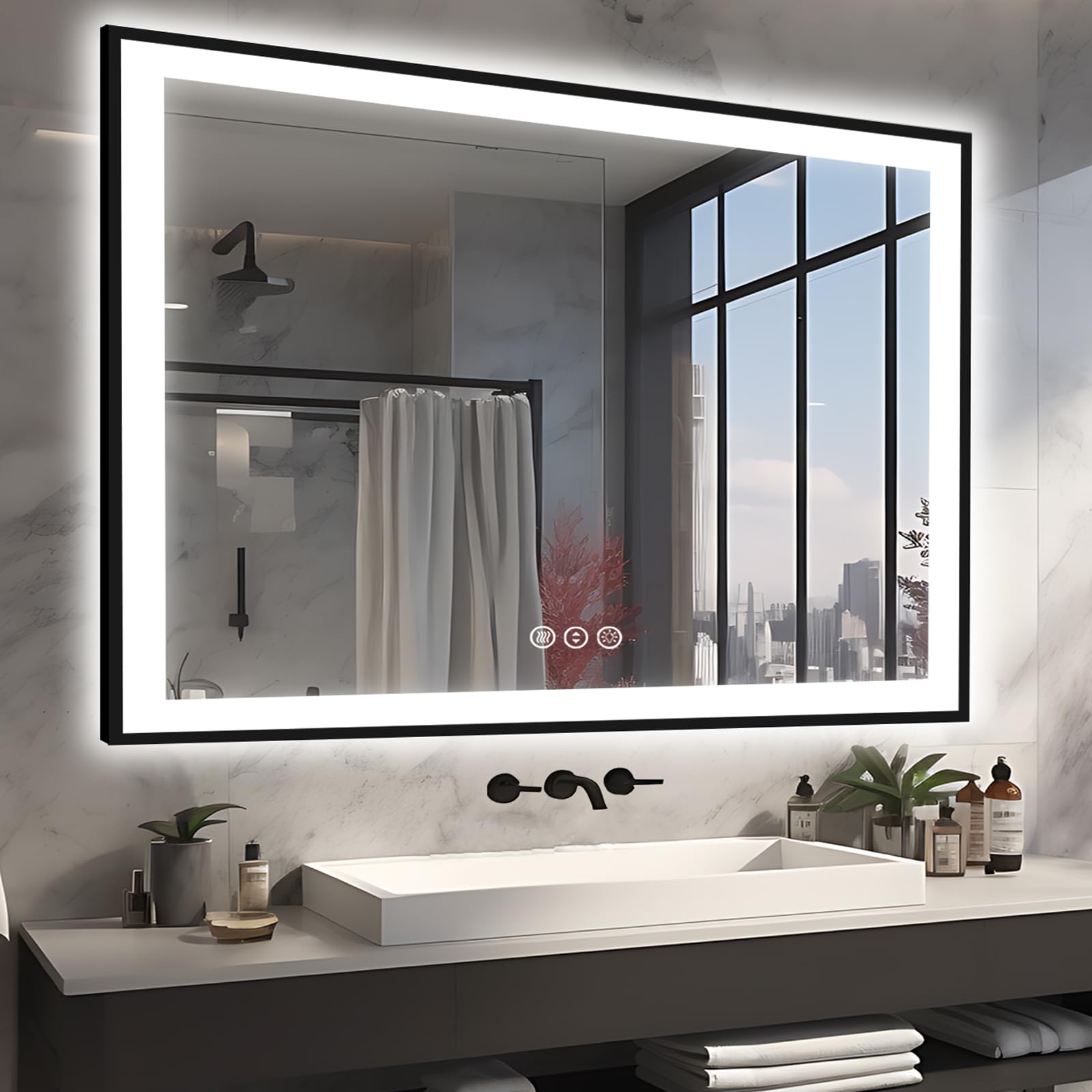51x40 bathroom light up mirror, black double bright lights mirror, anti-fog vanity mirror with lights, stepless dimmable illuminated, touch control, waterproof (horizontal/vertical)