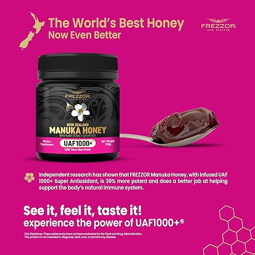 Miniatura 7 de FREZZOR Miel de manuka de Nueva Zelanda 100% cruda premium con UAF1000+ súper antioxidante, 30% más bioactivo, el mejor apoyo para el bienestar