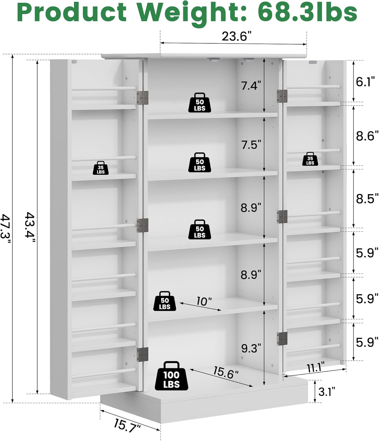 Kitchen Pantry Cabinet 47" H, Farmhouse Storage Cabinet with Adjustable Shelves and Drawer, Buffet Cupboards Sideboard for Kitchen, Dining Room, Living Room (White, 16" D x 24" W x 47" H)
