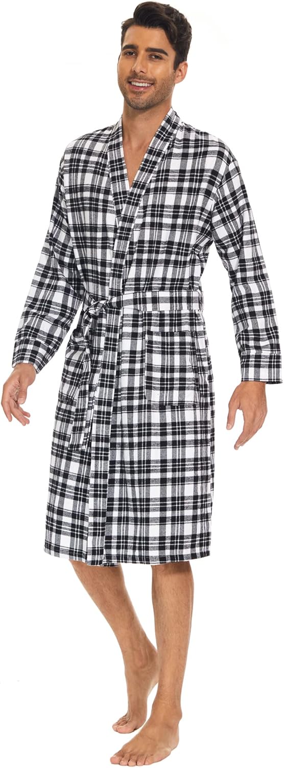 Zerbala Men's Flannel Robe Knee Length Plaid Bathrobe - Image 2