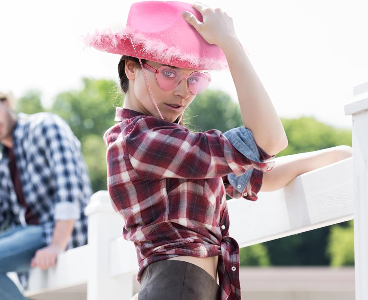 2 Pack Cowgirl Hat and Glasses, Pink Funcredible Fluffy Cowboy Hat Set, Sparkly Cowgirl Hats with Fluffy Feather Brim, Cowboy Costume Accessories for Women, Theme Party, Adult Size - Image 4