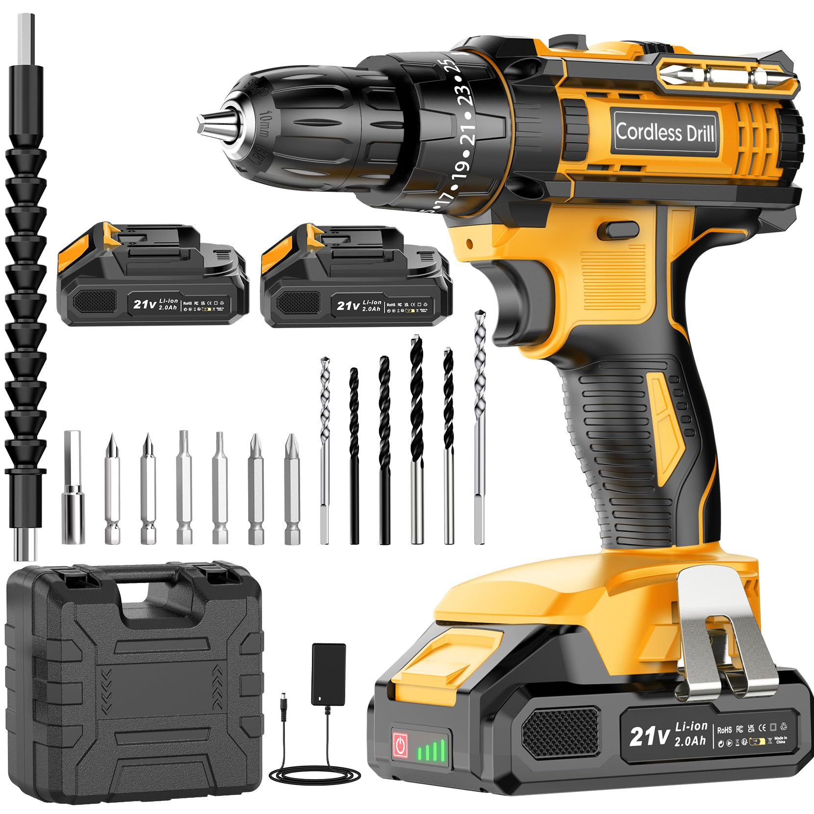 Cordless Combi Drill 21V, 42 Nm, 2 x 2.0Ah Batteries, 25+3 Settings 3-in-1 Hammer Drill