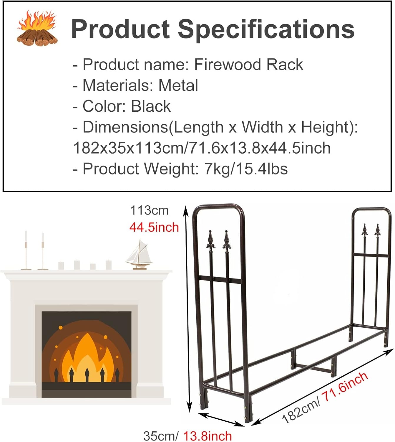 Adjustable Firewood Rack Log Brackets Set of 4 Metal Holders for Outdoor and Indoor Firewood Storage Black Color Stacking Stand