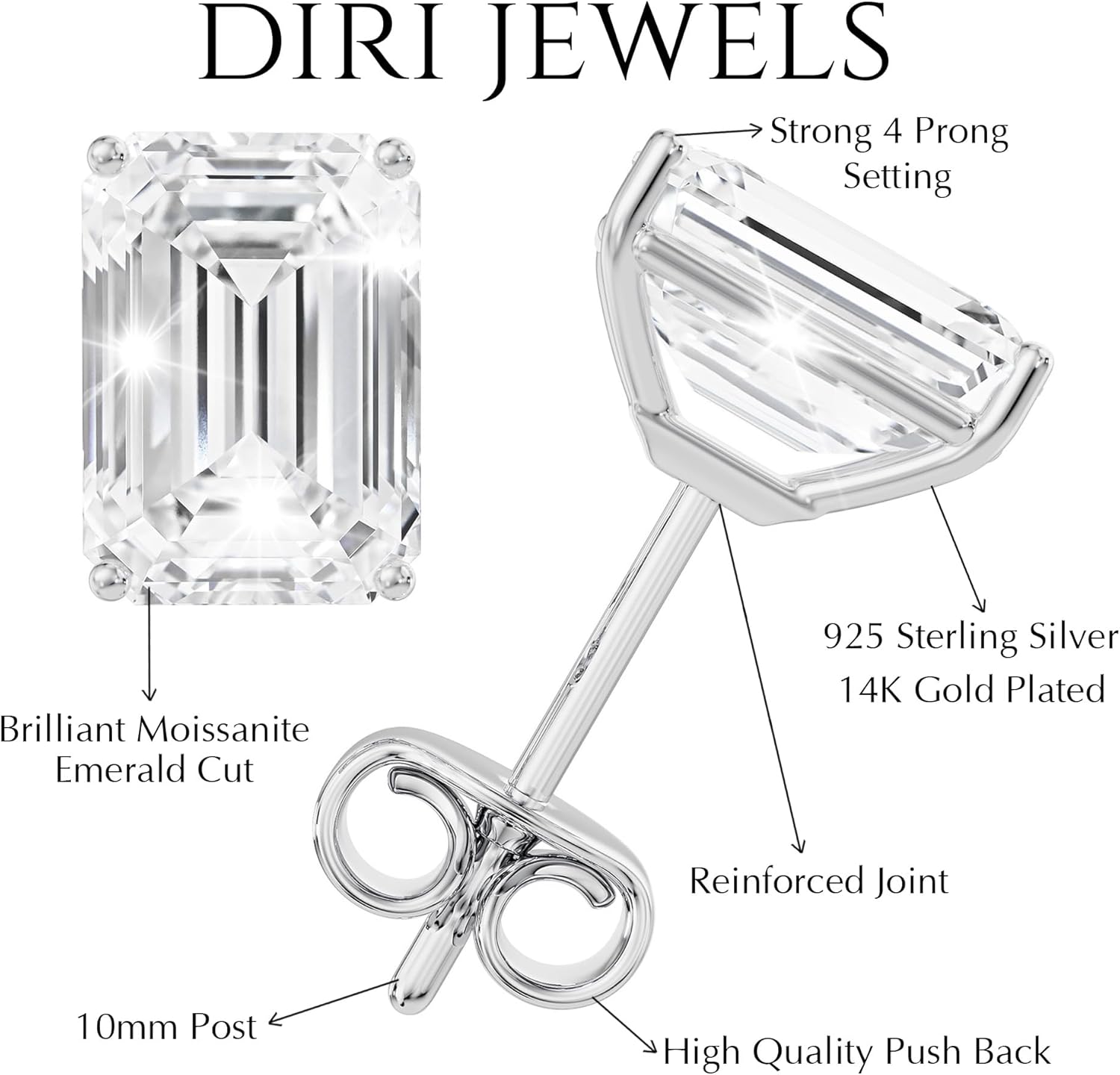 Moissanite Stud Earrings, 0.5ct-3ct D Color VVS1 Clarity Moissanite 14K White Gold Plated Sterling Silver Imitation Diamond Push Back Earrings For Women - Image 2