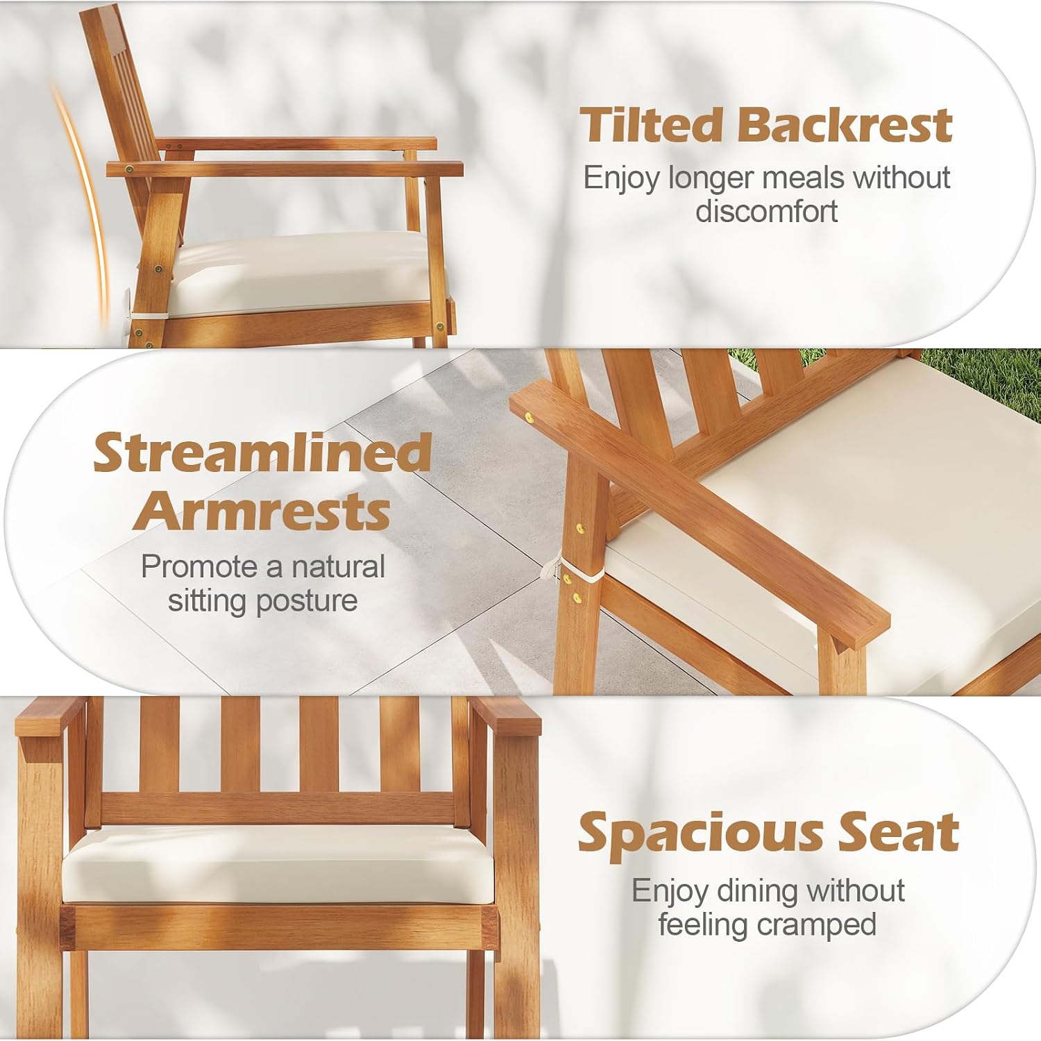 HAPPYGRILL Acacia Wood Patio Dining Chairs Set, Outdoor Bistro Conversation Chair with Cushion, Armrests & Slatted Backrest, 400 LBS (2)