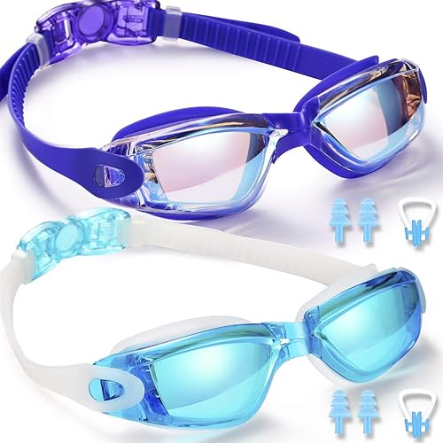 Miniatura 10 de Gafas de natación, paquete de 2 gafas de natación para adultos, hombres, mujeres, jóvenes, niños Negro y azul (espejo).
