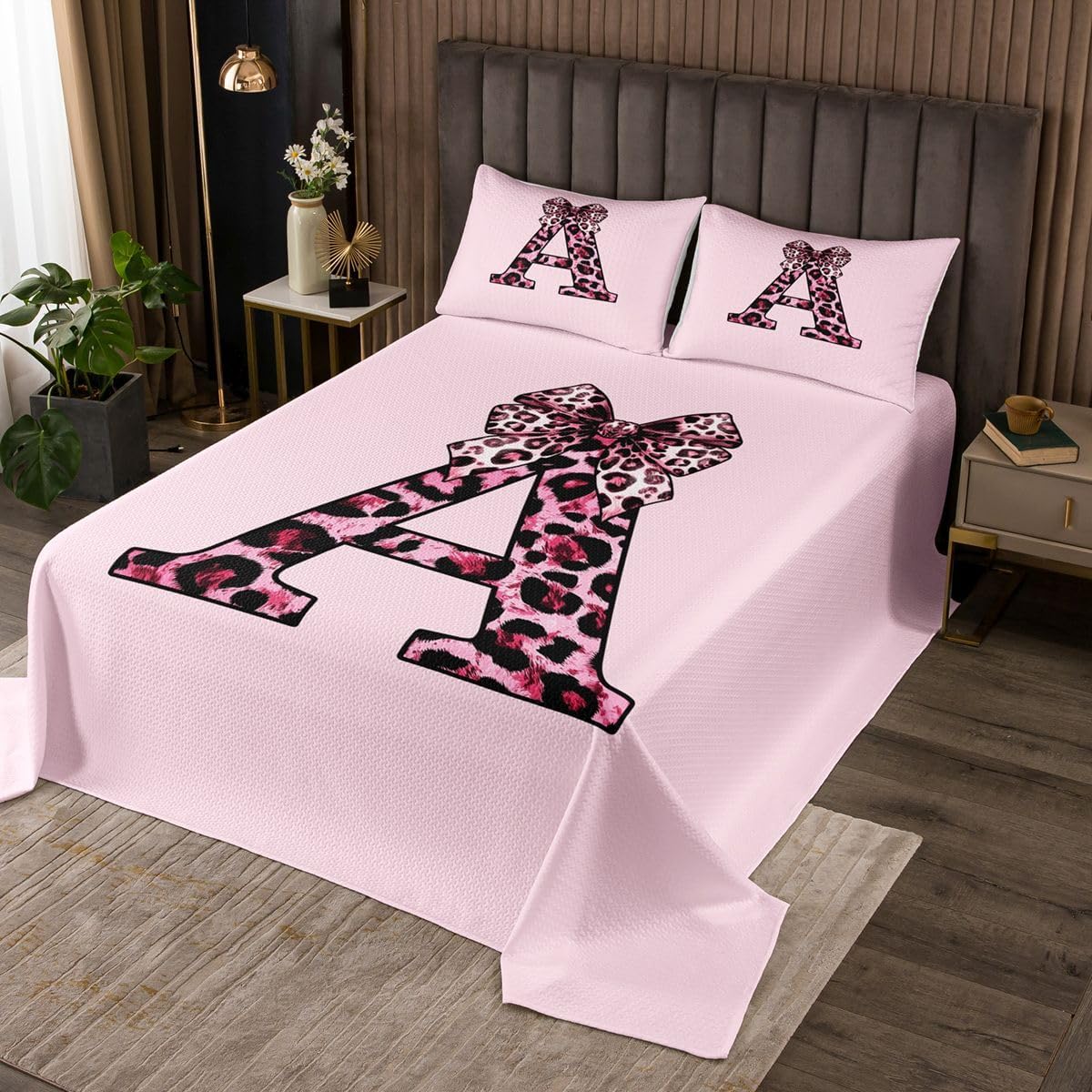 jejeloiu Leopard Bow Bedspread Quilts Monogrammed Coverlet Set Queen Size for Kids Boys Girls Personalized Initial A Quilted Coverlet for All Season with 2 Pillowcases Kawaii Coquette Bow Knot
