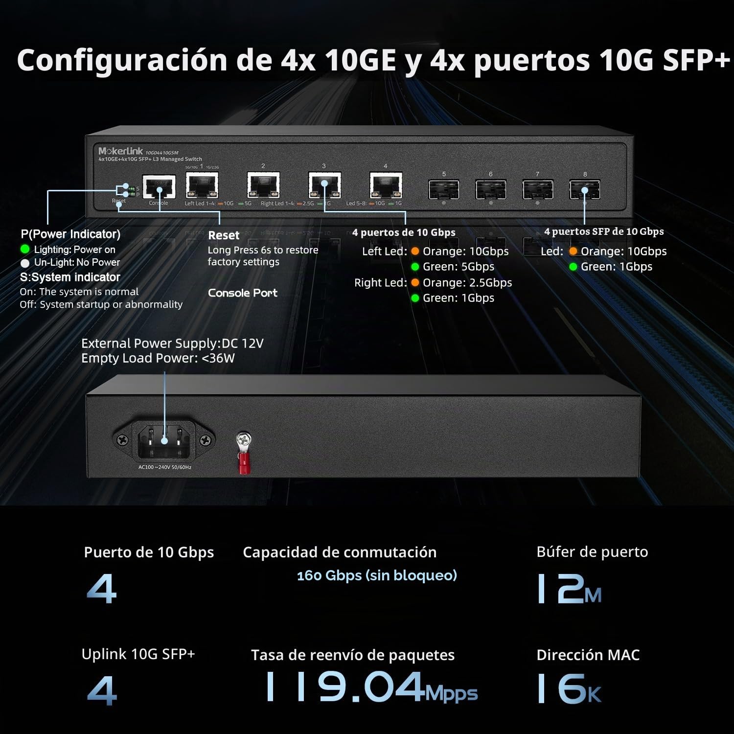 MokerLink Interruptor Administrado De Red De 8 Puertos 10G, 4 Puertos Ethernet RJ45 De 10G, 4 Ranuras SFP+, Gestión L3 Web/CLI, Carcasa De Metal, Para Escritorio O Montaje En Pared