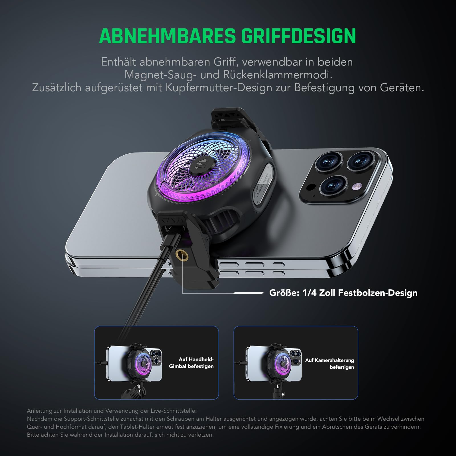 Black Shark 4PRO Magnetic Cell Phone Cooler, Handy-Kühler mit abnehmbarem Griff, App-gesteuerte Temperaturregelung, tragbarer RGB-Kühlventilator