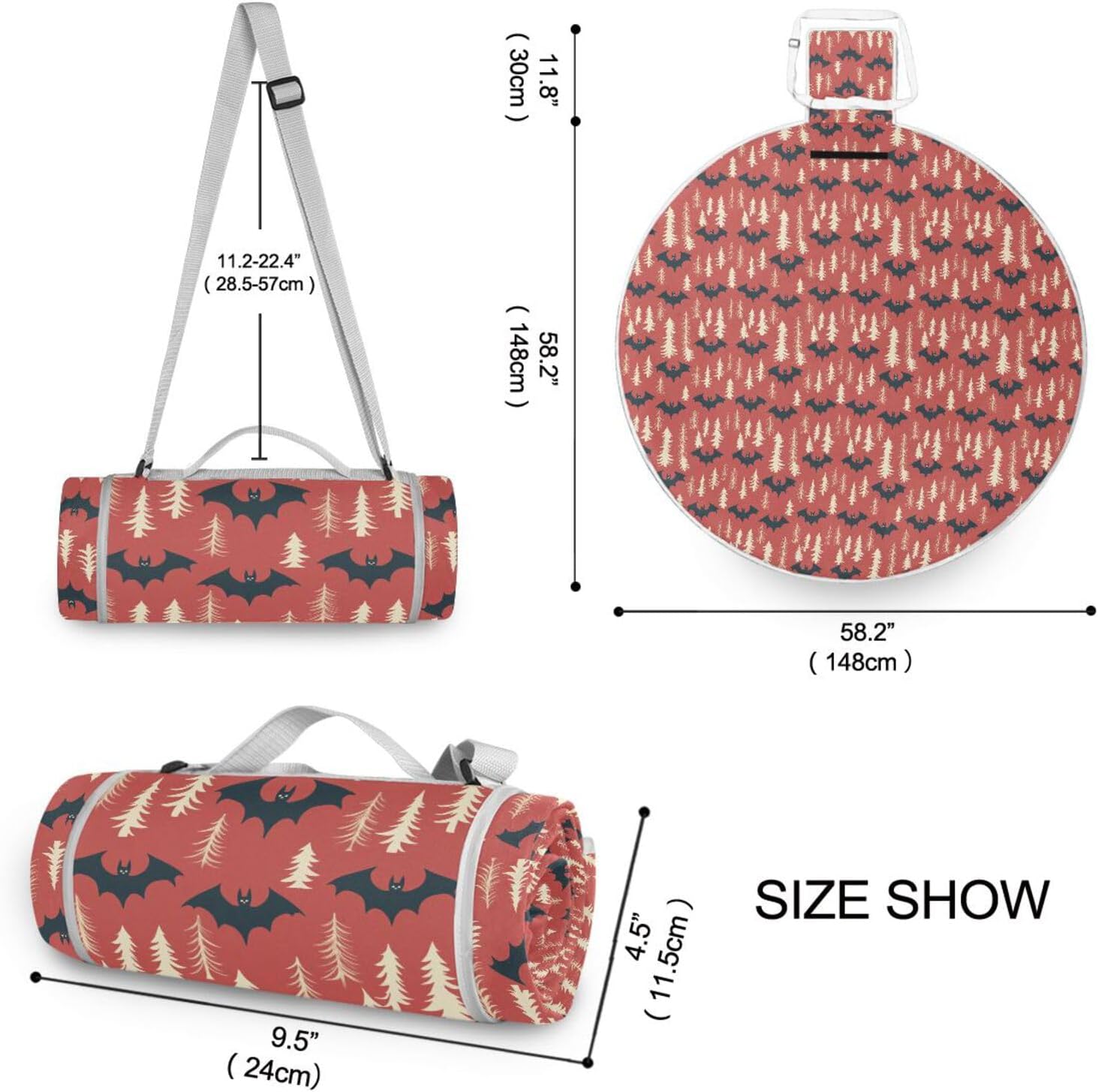 Round Picnic Essentials - Fits 2 Adults, Summer Accessories Soft Park Blankets Waterproof Foldable Dual Layer, Sand-Free, Soft Throw Rug 58 in (Colorful Vampire Bat Red Pine Trees)