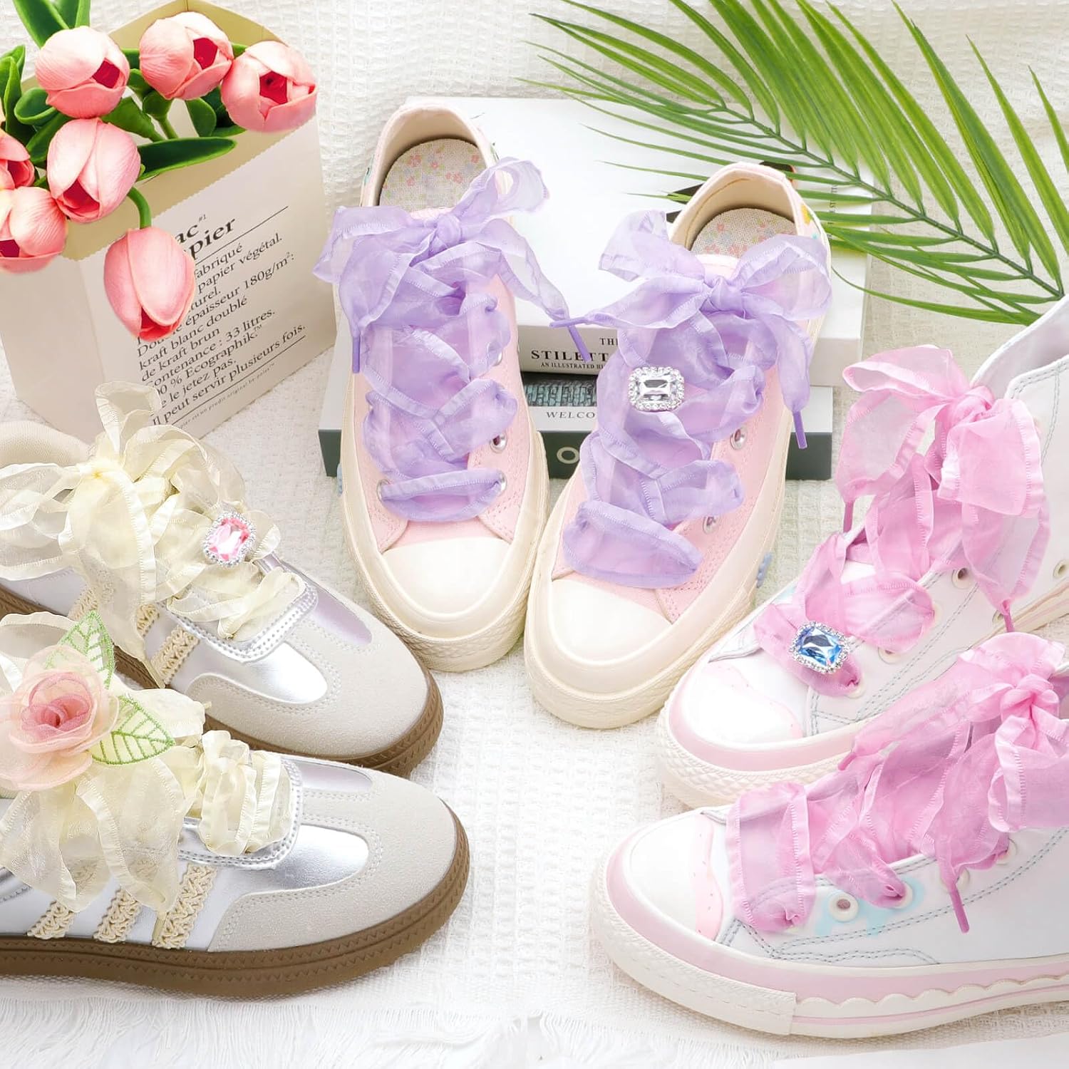 Ruffle Organza Shoe Laces: 4CM Wide Flat Flounce Sneakers Shoelace | 1 Pair, Soft Snow Yarn Material, Frilly Flounce Designs, 31/39/47/55/63/71 Inch, 17 Colors Choices