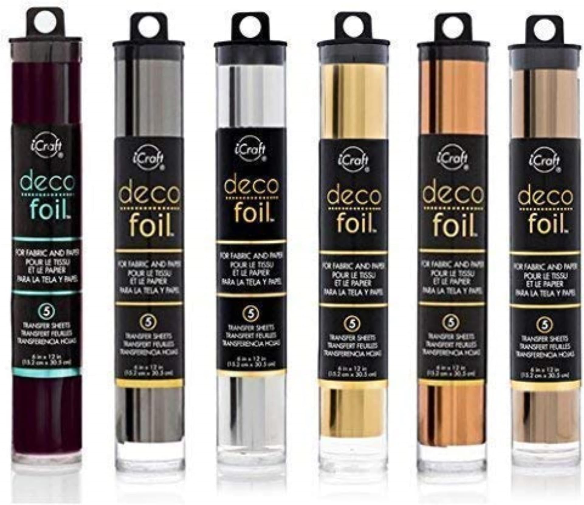 Deco Foil - Transfer Sheets - Black, Pewter, Silver, Gold, Rose Gold, and Copper - Bundle of SIX "Metal" colors