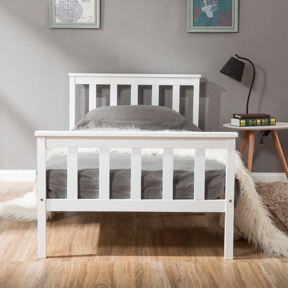 Single Bed Wooden Frame White Solid Pine for Adults, Kids, Teenagers (Single Bed)