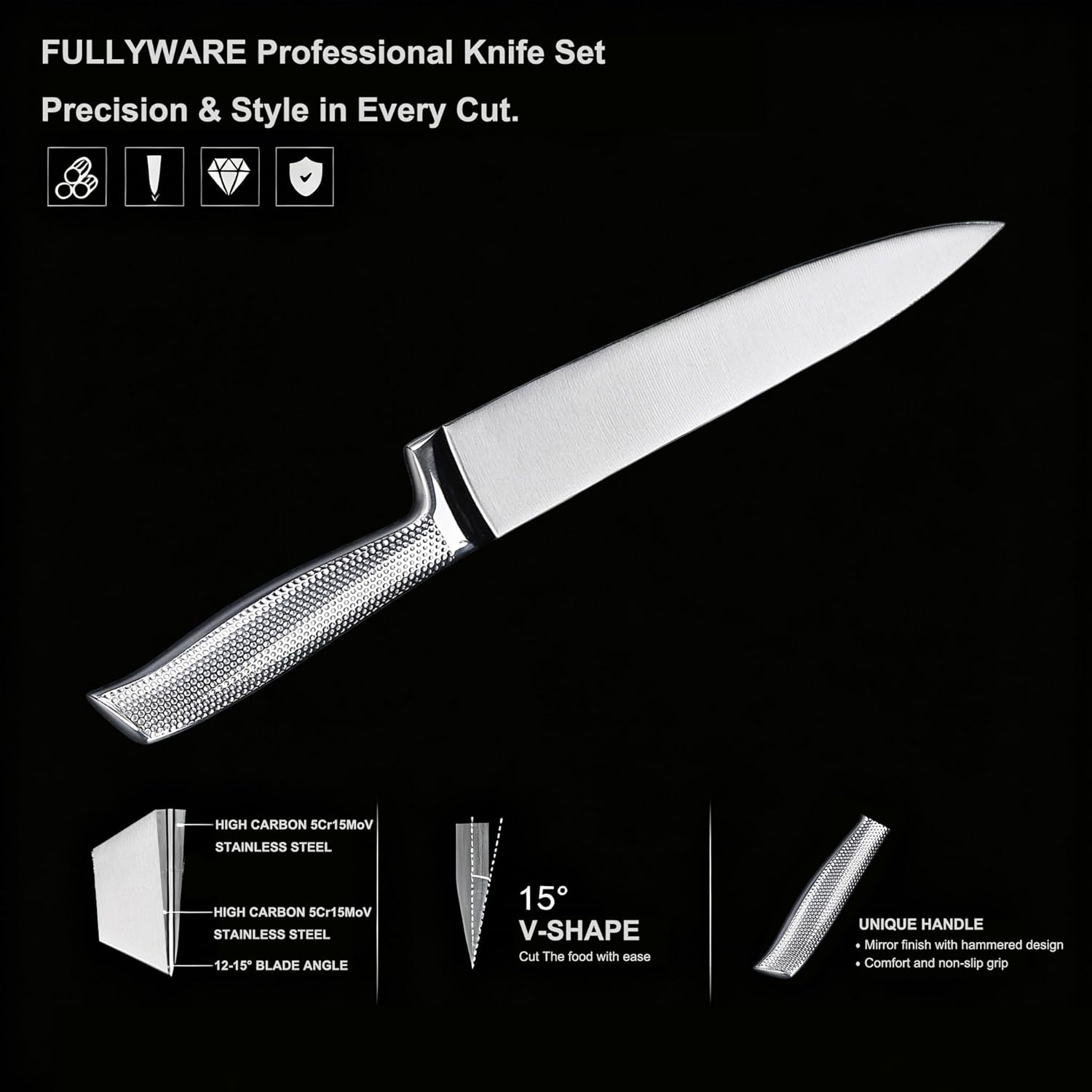 3-Piece Chef Knives Set, Razor Sharp Kitchen Knives with Ergonomic Non-Slip Handle & Sturdy Blade, 8” Chef, 7" Santoku, 5" Utility Knife, for Home Cooks & Professional Chefs