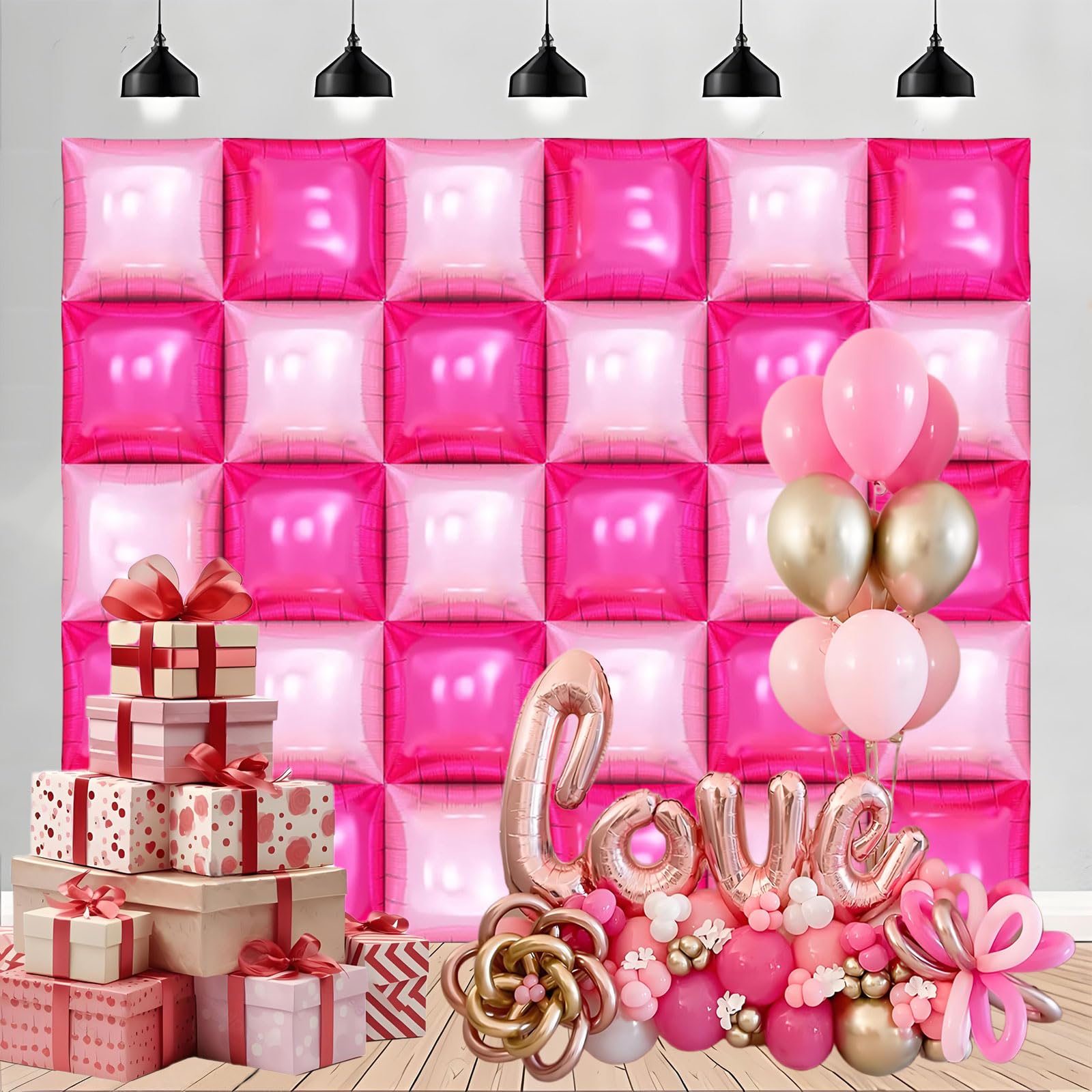 Metallic Rose and Hot Pink Square Foil Balloons Wall - 19 Inches Square Balloons Tunnel Arch Garland Kit for Valentines Day Decorations, Bridal Shower
