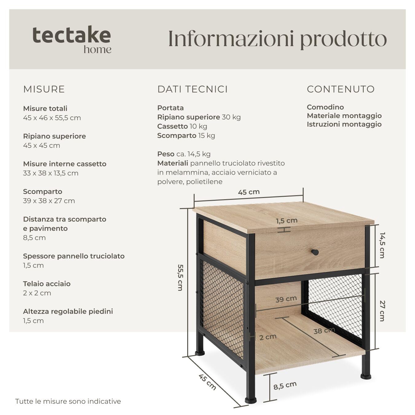 tectake® Comodino Camera da Letto 45x46x55,5cm, 2 Ripiani, 1 Cassetto