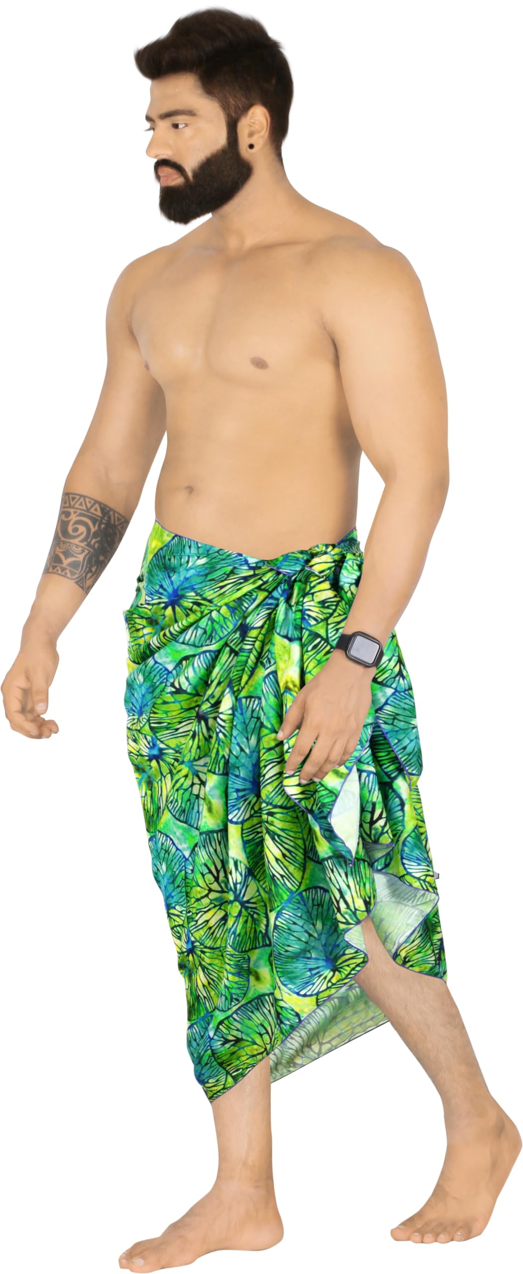 HAPPY BAY Men's Sarong Cover Ups Swim Beach Wraps One Size Emerald Allover Leafs