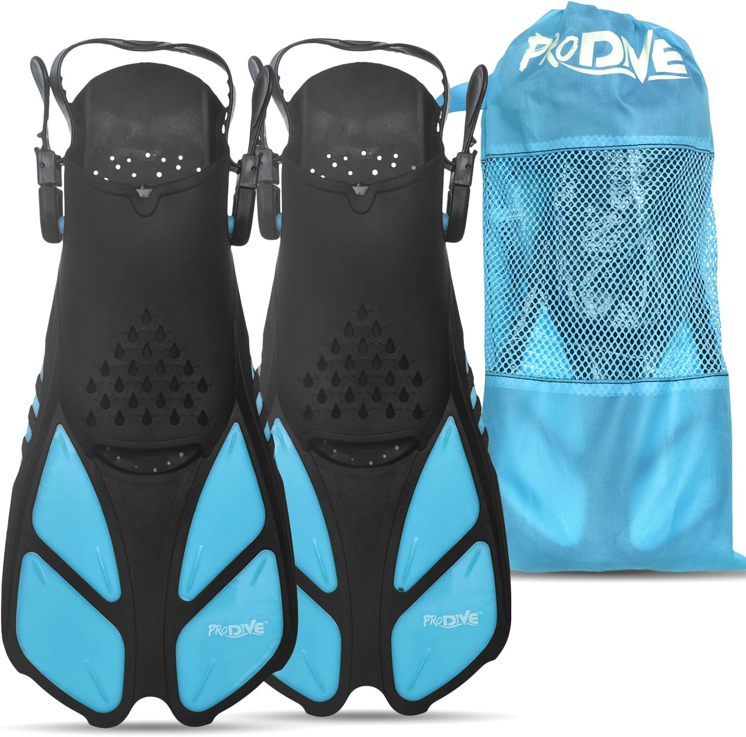 PRODIVE Snorkel and Swim Fins – Adjustable Open-Heel, Short-Blade Snorkeling and Diving Flippers Add Efficiency to Swimming and Diving – Sizes to Fit Men, Women and Kids – Compact and Great for Travel : Sports & Outdoors