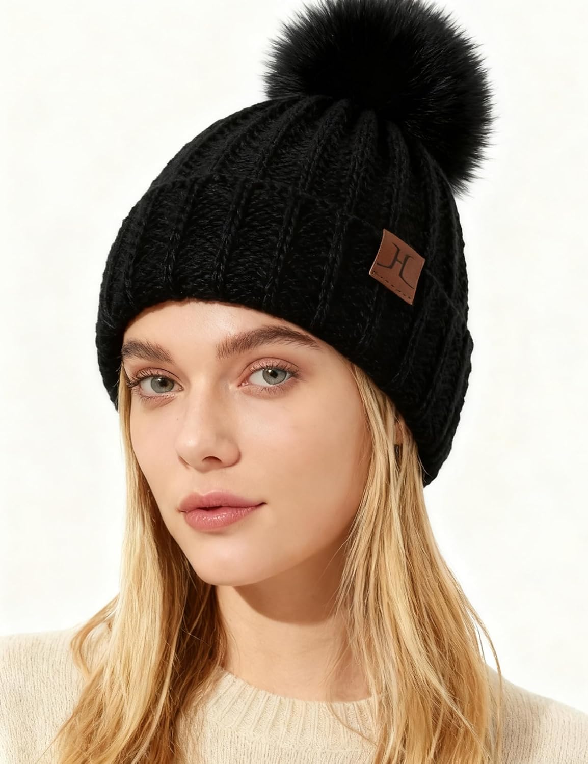Womens Winter Hat with Pom Pom, Knit Fleece Beanie Hats for Women Cold Weather, Warm Toboggans Cap - Image 2