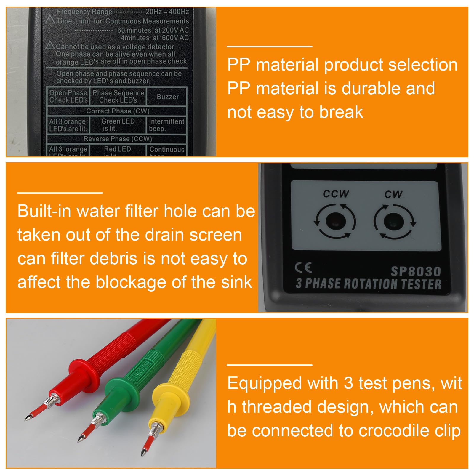 Tester di fase, indicatore di sequenza digitale: 3 sequenze di fase con morsetti a coccodrillo e tester estivo, tensionometro AC60V~600V