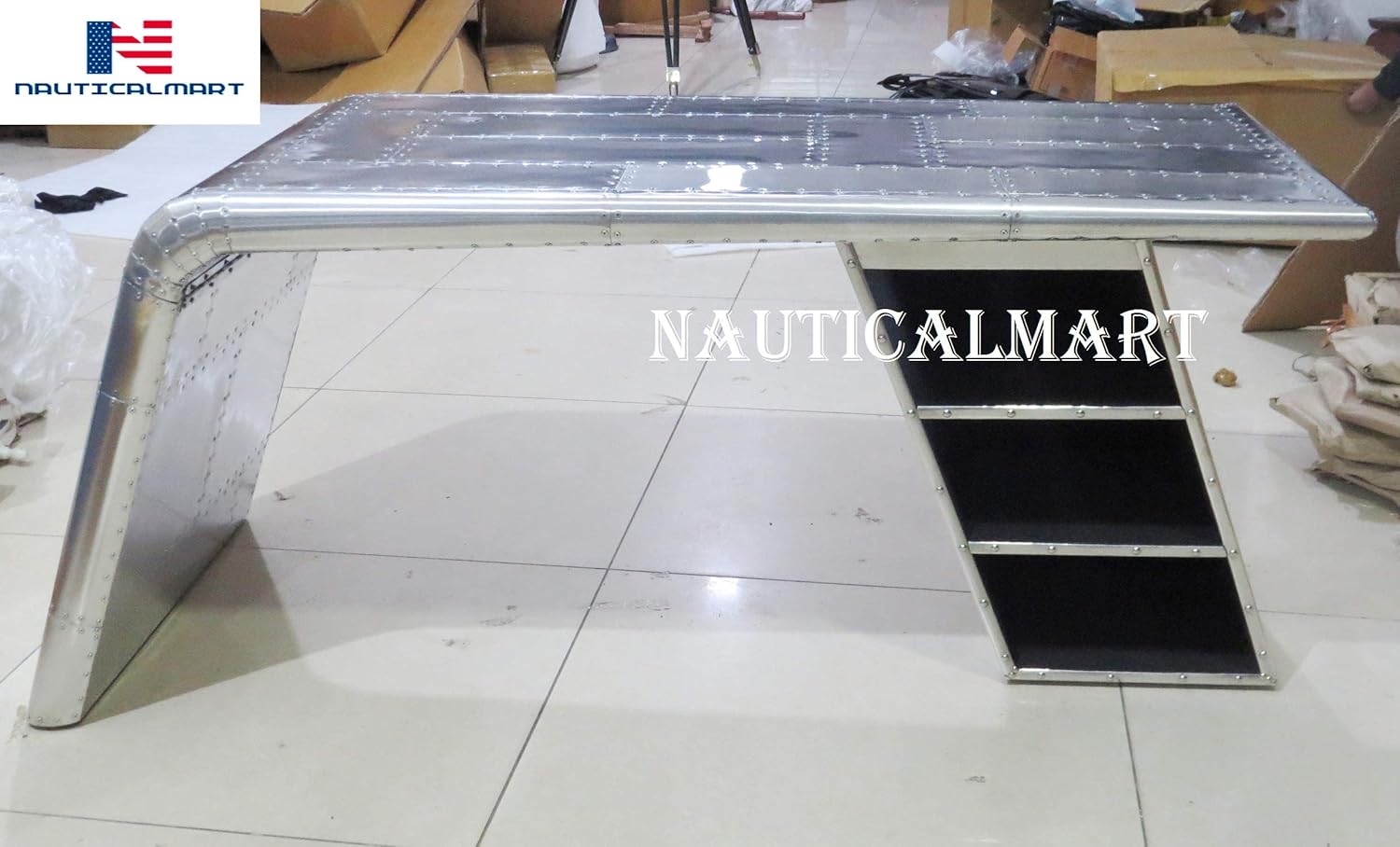 Nautical-Mart Aviator Wing Desk Aluminium Table Aviator Home Office Furniture (60 Inches, with Shelves)