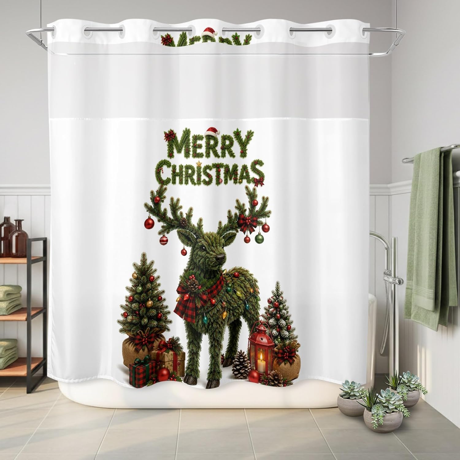 Merry Christmas No Hook Shower Curtain Winter Green Evergreen Xmas Tree Gift Boxes Shower Curtain with See Through Top Window, Waterproof Washable Fabric Curtain for Bathroom Hotel Decor, 72Wx72L image 5