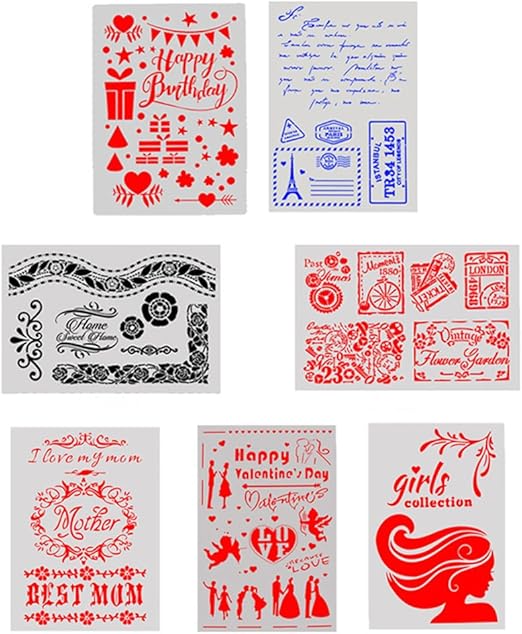 Amazon Co Jp Ai Life 7ピース ミックスパターン バレットジャーナル イラスト 絵画 描画テンプレートステンシル 日記 スクラップブック ノートブック ダイアリー ウッドバーニング Diyクラフト 再利用可能なプラスチックステンシル 29 5x21cm 文房具 オフィス用品