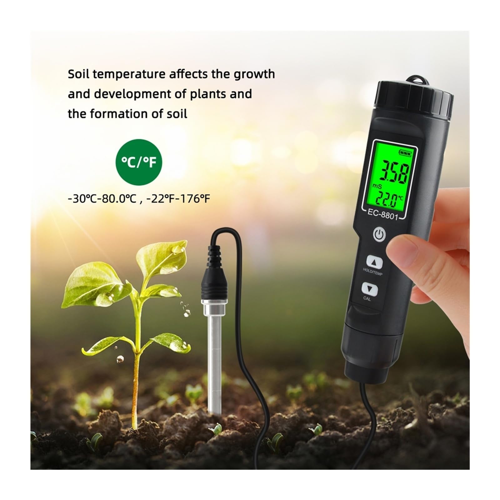 Feuchtigkeitsmesser, Digitaler EC/Temp Bodentester 0,00 ~ 10, ms/cm Leitfähigkeitsmessgerät Sensor Erdanalysator mit ATC Pflanzgarten Outdoor für Garten, Bauernhof(EC-8801B)