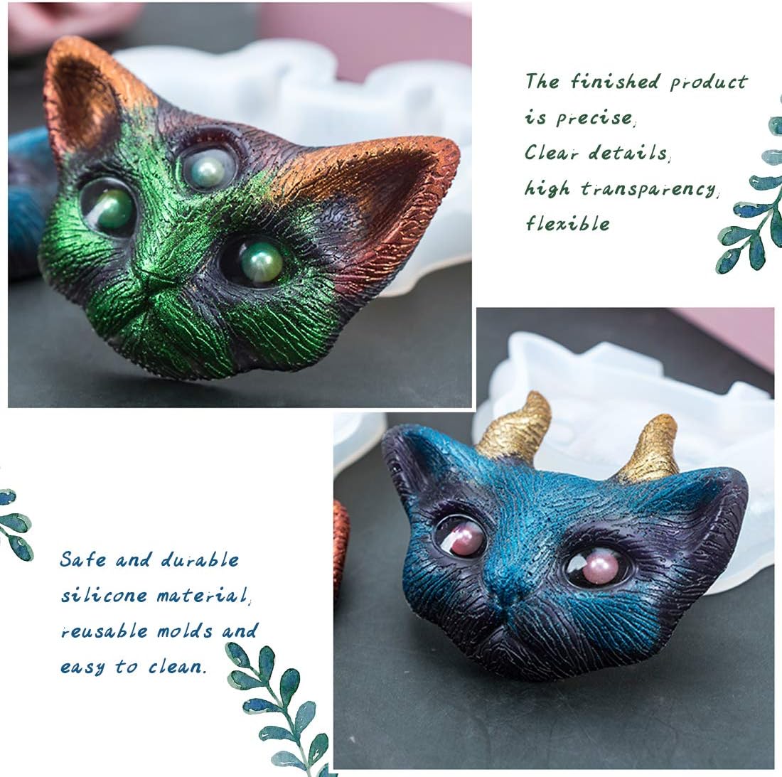 FineInno 2Pcs 3D Devil Cat Resin Molds Kitten Head Silicone Molds Horned Animal Casting Mold for Epoxy Resin,Clay, Soap, Candle, Jewelry Making
