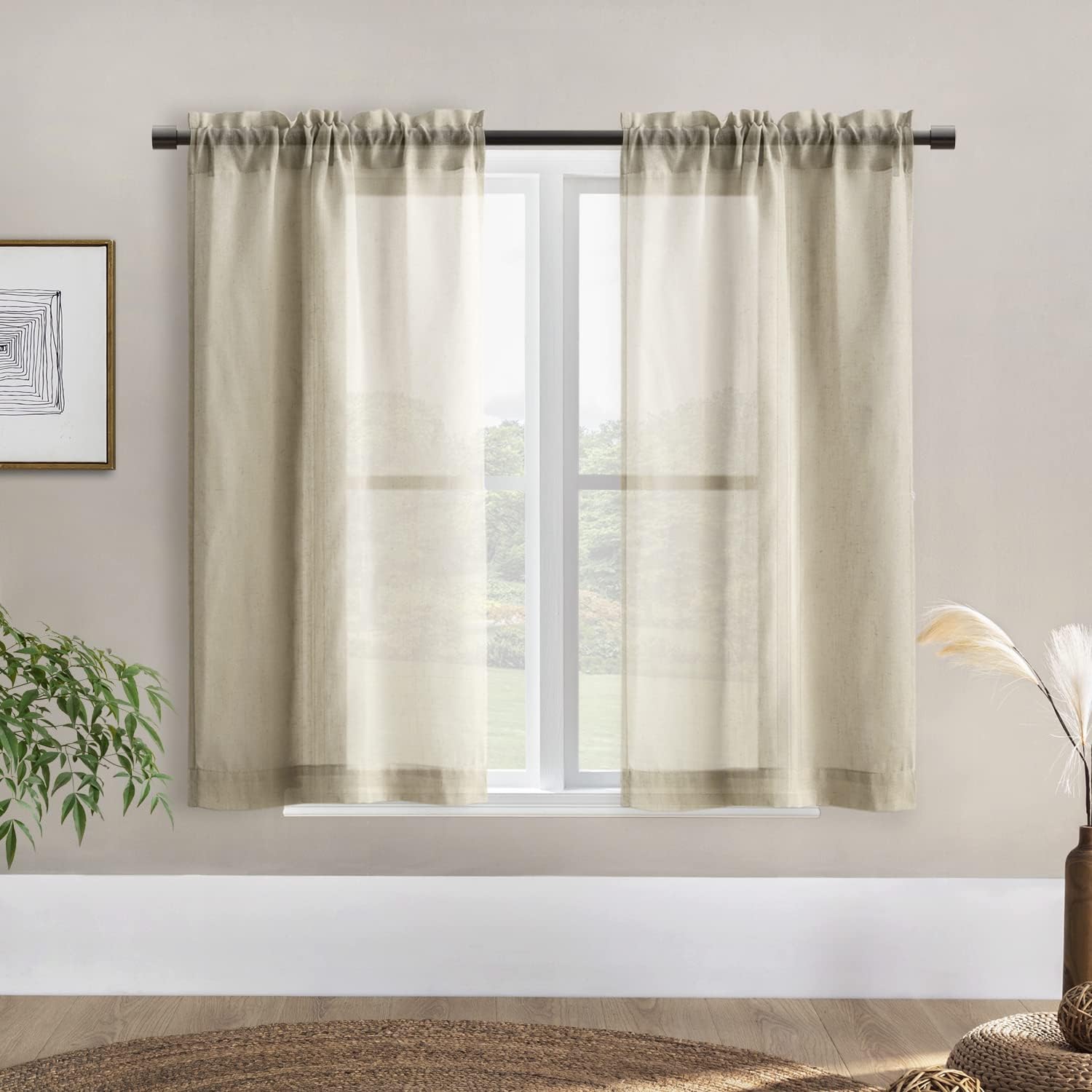 Rustic Curtains for Kitchen Window,Rod Pocket Linen Sheer Country Curtains for Short Windows,2 Panels Set,42 Inch Long,Tan