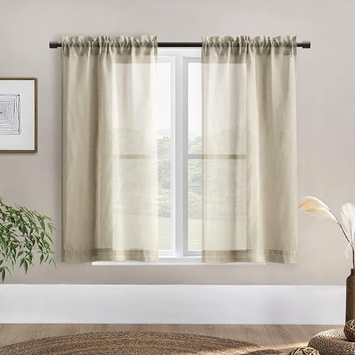 Cortinas rústicas para ventana de cocina, cortinas de lino transparentes con bolsillo para barra para ventanas cortas, juego de 2 paneles, 42