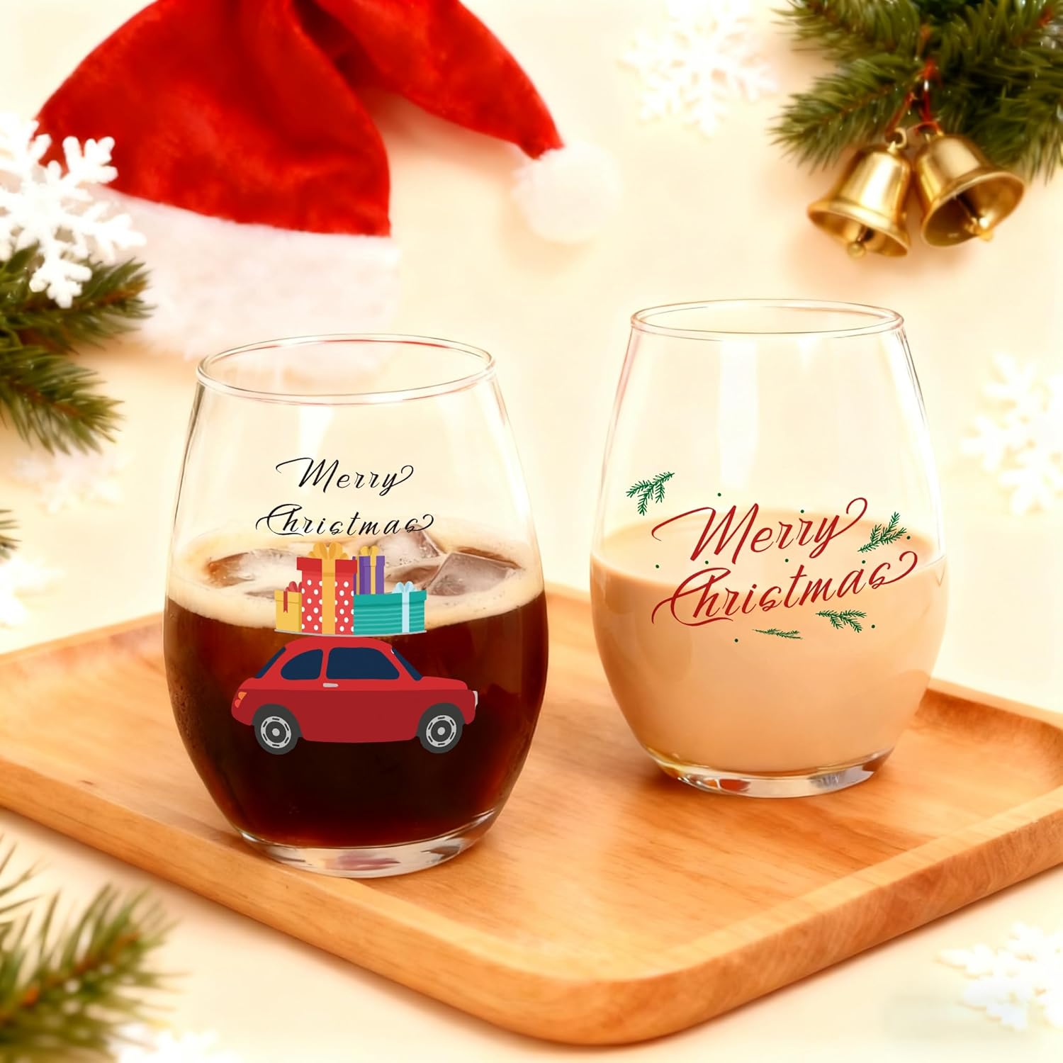 Merry Christmas Decor - Set of 4 Stemless Wine Glasses 17Oz, Xmas Party Decor Snowman Gift Box Wine Glass, Let It Snow Wine Glass for Friends Family - Image 6